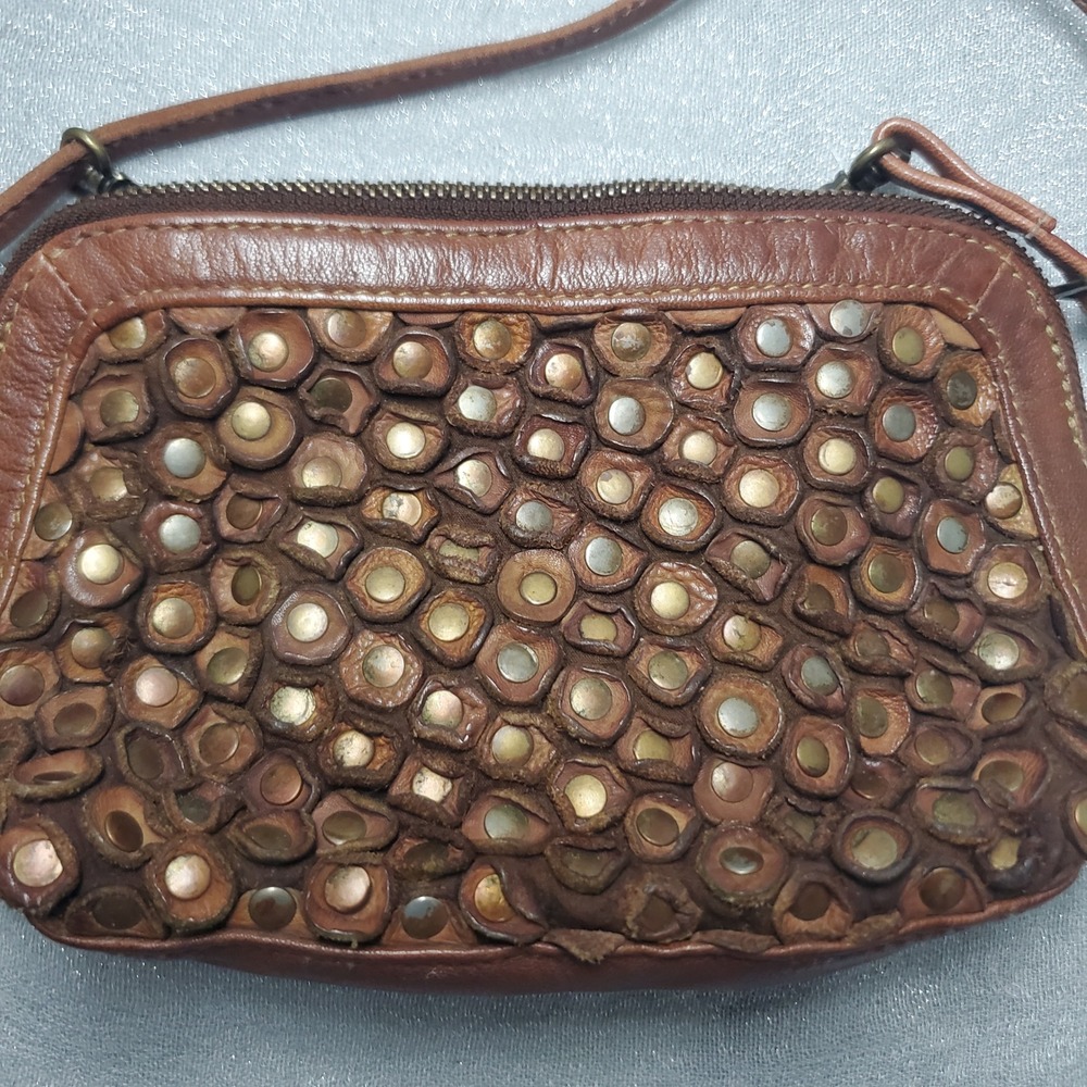 Latico Leathers Brown Studded Leather Crossbody Bag Small Zip 
Top Boho Purse